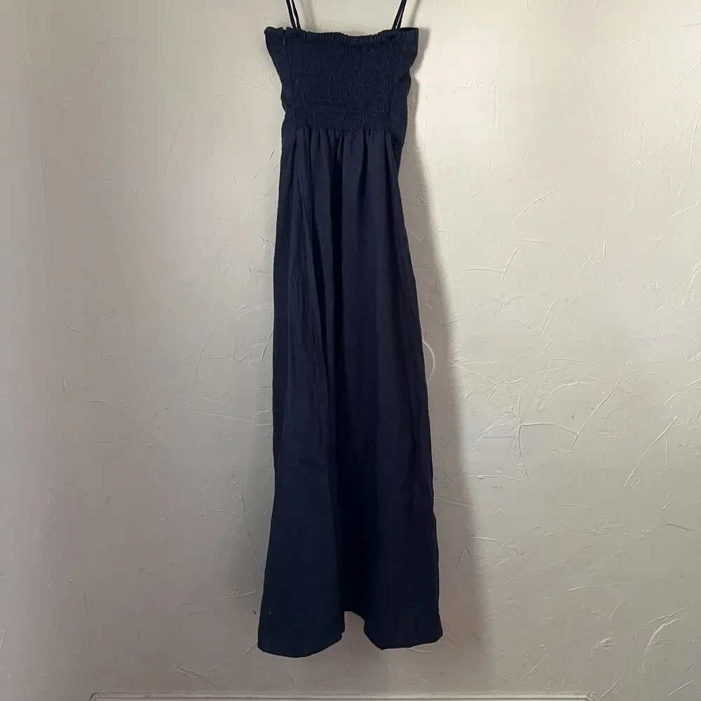 Faithfull The Brand Das Flores Navy Linen Strapless Maxi Dress‎ Euro Summer Sz S
